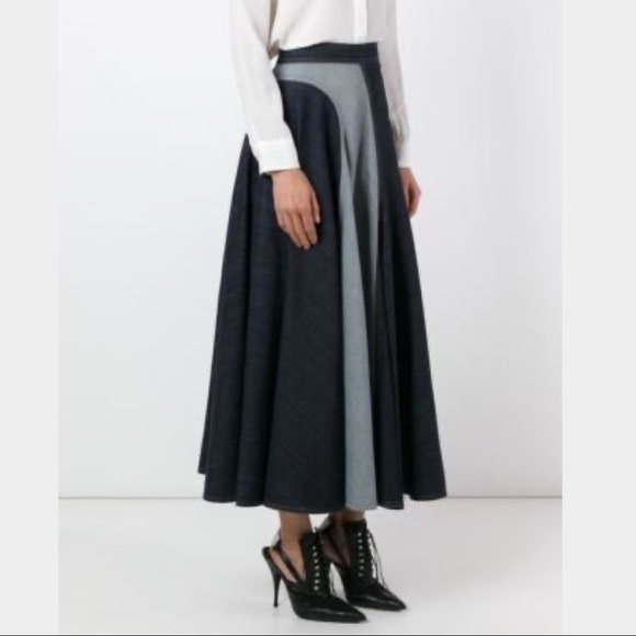 Lanvin Two Tone Curved Full Flare Denim Midi Skirt - Picture 2 of 10